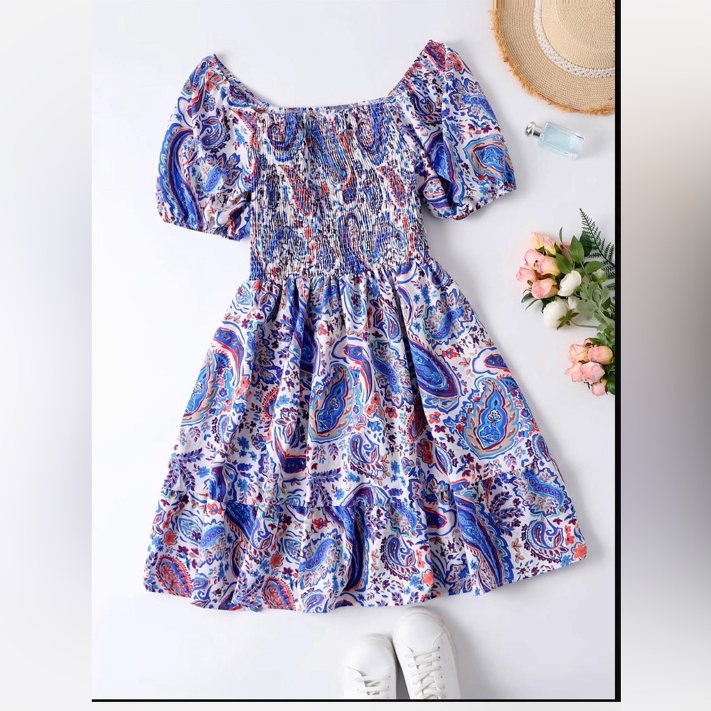 Blue/Multicolored Paisley Print Dress Shirred Top, Ruffle Hem & Puff Sleeves